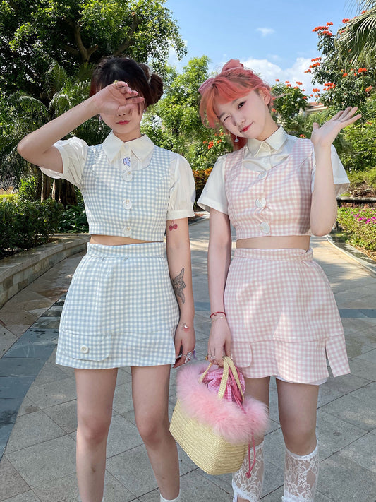 Two-flavored Yogurt Cute Vitality Plaid Vest half Skirt Super Sweet Girl