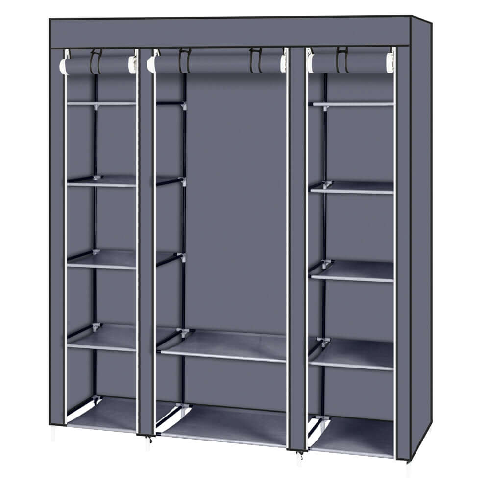 Clothes Closet Wardrobe Storage Organizer Non-Woven and Easy showcasing three storage sections with shelves.
