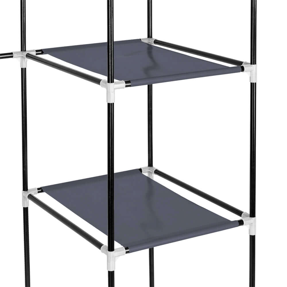 Clothes Closet Wardrobe Storage Organizer Non-Woven and Easy shelves in dark blue color and metal frame.