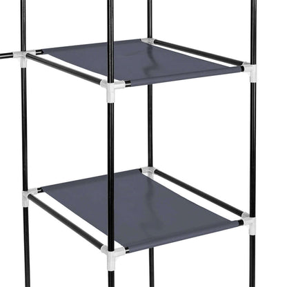 Clothes Closet Wardrobe Storage Organizer Non-Woven and Easy shelves in dark blue color and metal frame.