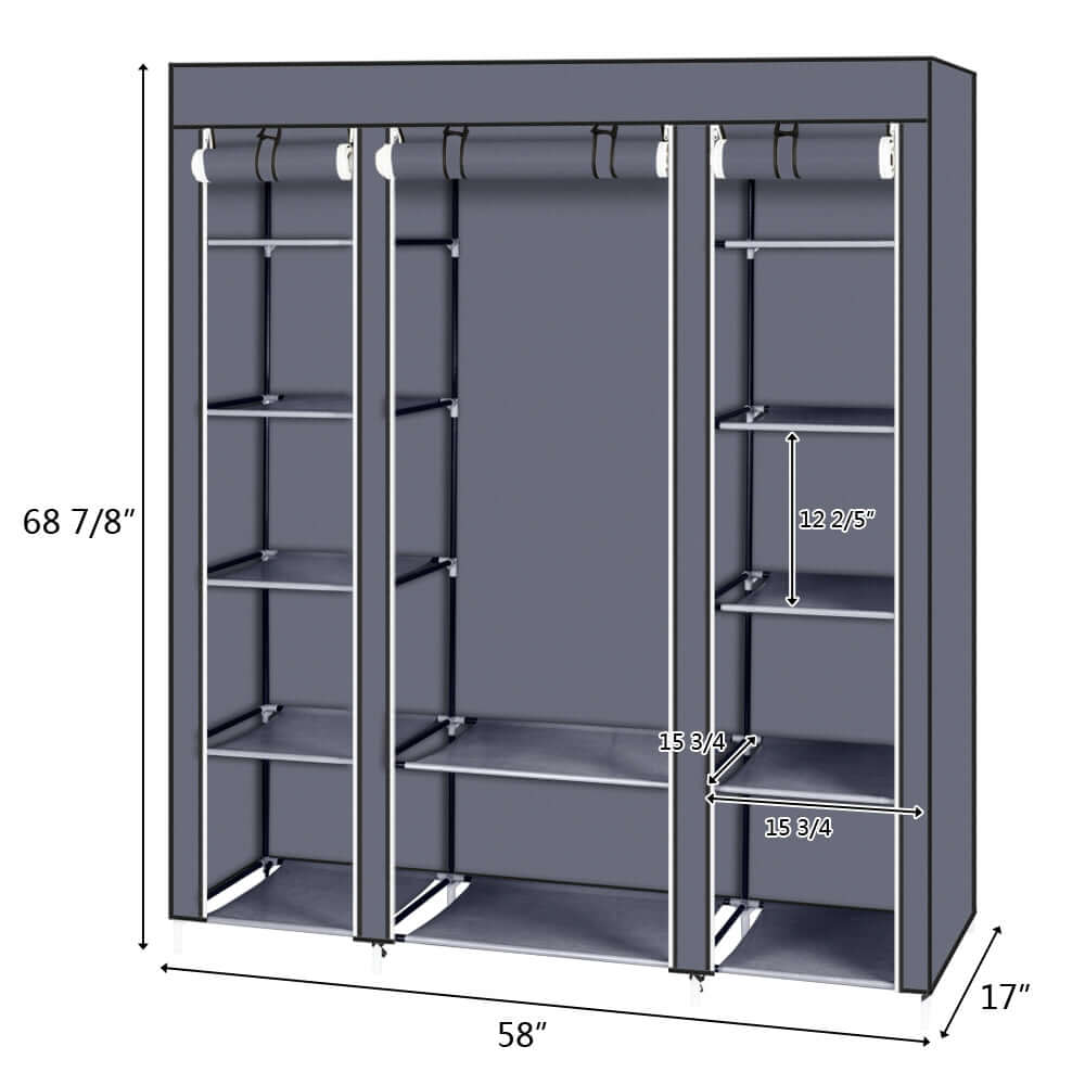 Clothes Closet Wardrobe Storage Organizer Non-Woven and Easy dimensions 68 7/8 inches high, 58 inches long, 17 inches wide
